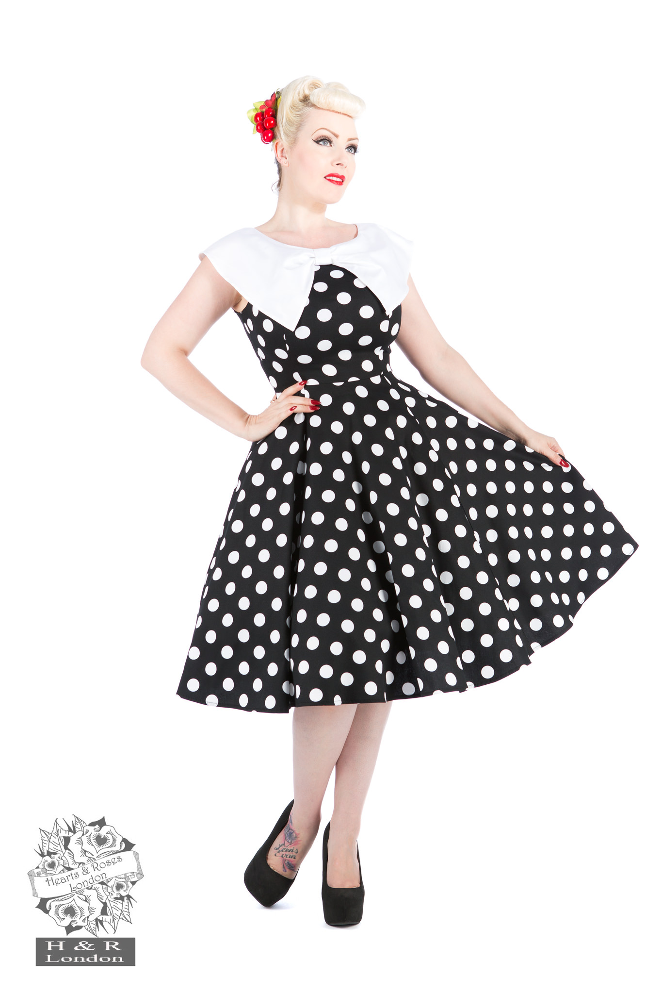 Black White Large Polka Dot Off Shoulder Dress